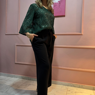 Yeşil Triko Payet Detaylı Pantolon Krep
