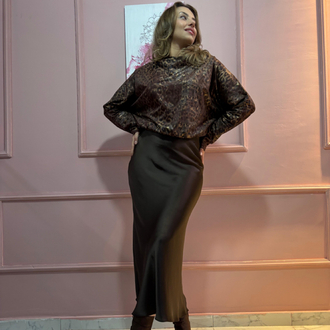 Leopar Desenli Bluz Midi Saten Etek Takım
