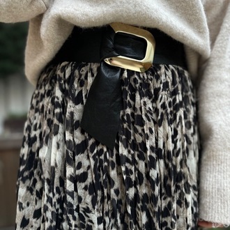 Leopar Desenli Midi Kraslı Kendinden Kemerli Etek