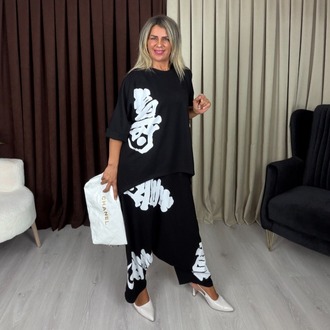 Stella Yazılı Şalvar Takım Siyah