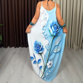 Otantik Tasarım Elbise Gül Desen Açık Mavi