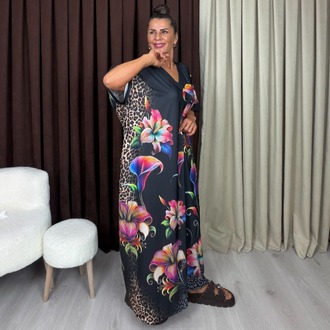 Manolya Elbise Çiçek Leopar Desenli