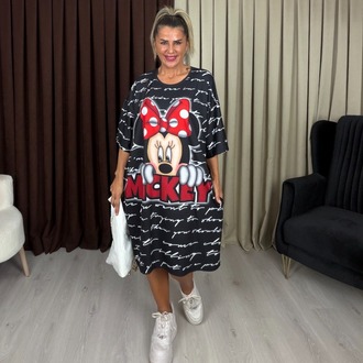 Calista Elbise Siyah Kırmızı Miki Desenli
