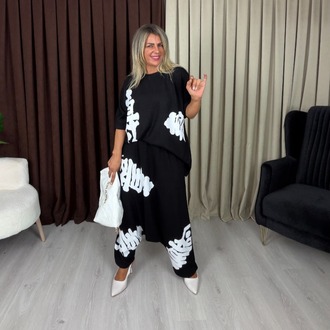 Stella Yazılı Şalvar Takım Siyah