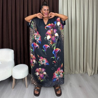 Manolya Elbise Çiçek Leopar Desenli