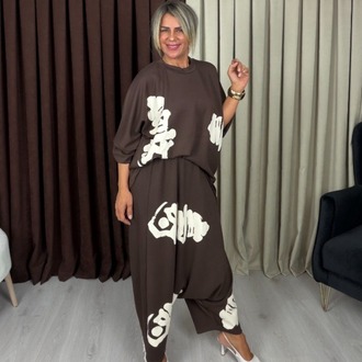 Stella Yazılı Şalvar Takım Kahve