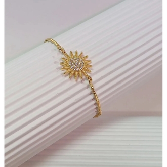 Güneş Detaylı Taşlı Asansörlü Bileklik - Gold