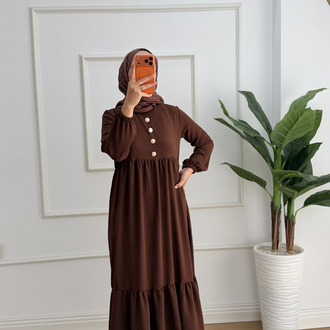 Nefes Katlı Düğmeli Kahve Elbise