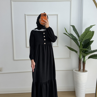 Nefes Katlı Düğmeli Siyah Elbise