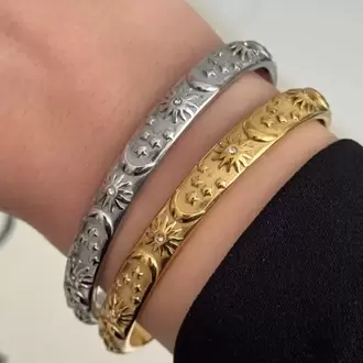 Çelik Ay Güneş Figürlü Kelepçe/Silver