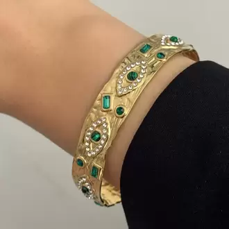 Çelik Vintage Yeşil Taşlı Kelepçe