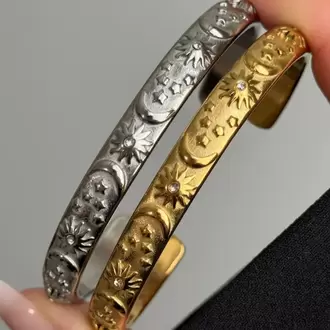 Çelik Ay Güneş Figürlü Kelepçe/Silver