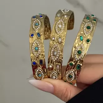 Çelik Vintage Yeşil Taşlı Kelepçe