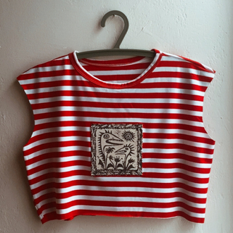 Canavar Çiçek Yamalı Kırmızı Çizgili Crop Top