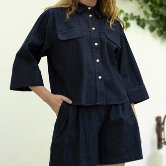 Denim Lacivert Gömlek Şort Takım