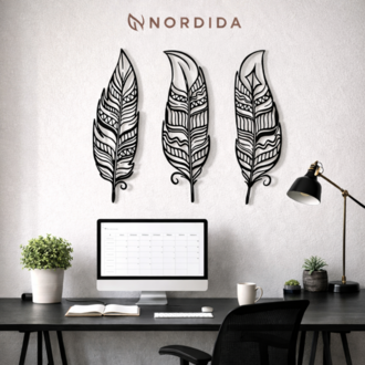 NORDIDA NOCTRA Serisi NTR203 – 3’lü Tüy Metal Duvar Tablosu | 70x25 cm Siyah Lazer Kesim