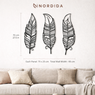 NORDIDA NOCTRA Serisi NTR203 – 3’lü Tüy Metal Duvar Tablosu | 70x25 cm Siyah Lazer Kesim