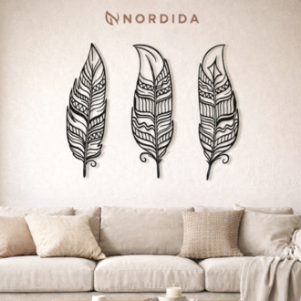 NORDIDA NOCTRA Serisi NTR203 – 3’lü Tüy Metal Duvar Tablosu | 70x25 cm Siyah Lazer Kesim