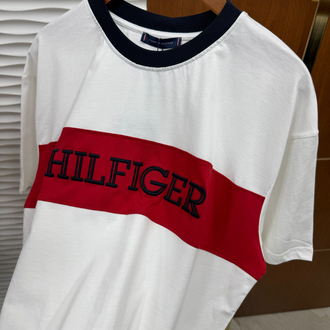 Tommy Göğüs Şeritli İthal Beyaz Tişört