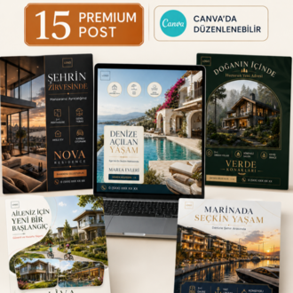 Gayrimenkul 15 Premium Post | Düzenlenebilir Canva Sosyal Medya Şablon Paketi