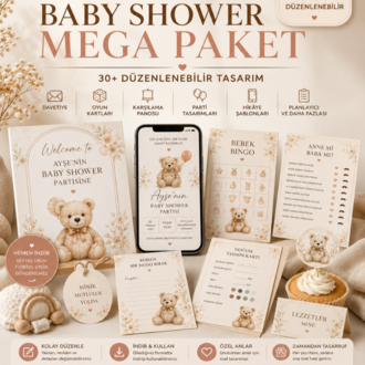Baby Shower Mega Paket Canva Düzenlenebilir Davetiye ve Parti Şablonları – Dijital Ürün