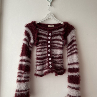 lilac & burgundy striped button-up sweater (XS-S)