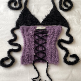 fluffy lace-up corset & bra set (S-M)