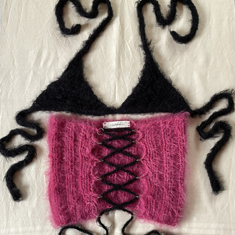 fluffy lace-up corset & bra set (S-M)