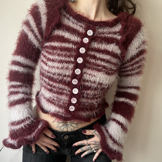 lilac & burgundy striped button-up sweater (XS-S)