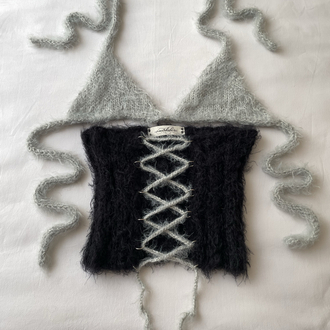 fluffy lace-up corset & bra set (S-M)
