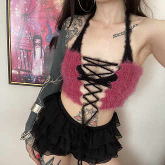 fluffy lace-up corset & bra set (S-M)