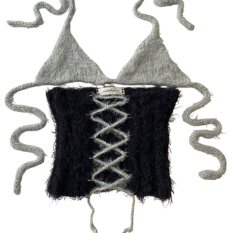 fluffy lace-up corset & bra set (S-M)