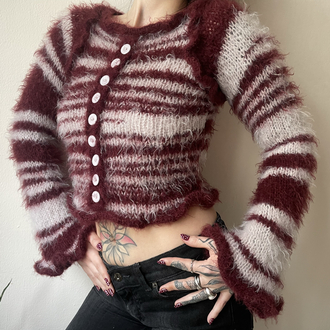 lilac & burgundy striped button-up sweater (XS-S)