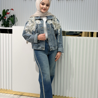 Taş ve inci işlemeli ithal kot ceket
