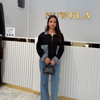 Kot Detaylı Fermuarlı Siyah Sweatshirt Ceket