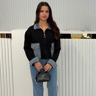 Kot Detaylı Fermuarlı Siyah Sweatshirt Ceket