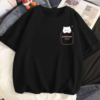 Kadın kedi baskılı bisiklet yaka t-shirt