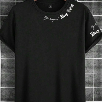 Reep baskılı Pamuk yuvarlak yaka siyah t-shirt