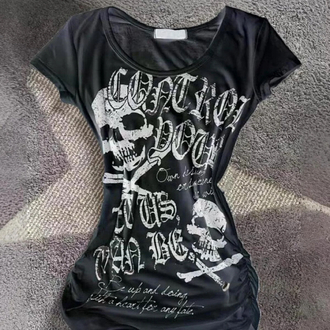 Siyah gothic Skulss Control geniş yaka Y2K kısa kollu crop