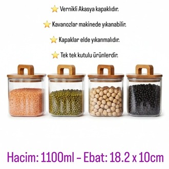 Mien 4’lü Kare Cam Saklama Kavanoz Seti –1100 ml Akasya Kapaklı, Kulplu Kavanoz Seti