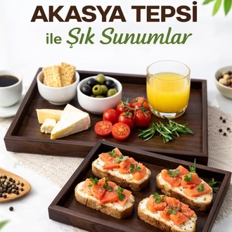 2'li Akasya Ahşap Sunum ve Dekoratif Organizer Tepsi Seti