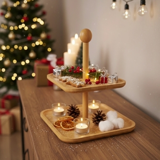 2 Katlı kare bambu sunumluk- 2 Katlı Sunum Standı