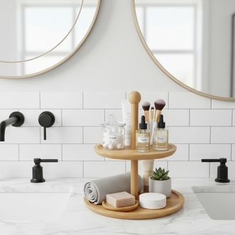 2 Katlı yuvarlak bambu sunumluk- 2 Katlı Sunum Standı