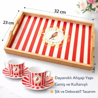 Bambu Ahşap Kuş Desenli Sunum Tepsisi - Kuş Desenli Kırmızı Sunum Tepsisi