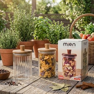 Mien Ahşap Kapaklı Cam Baharat Seti 3’lü (330 ml) - Altlık ve Kaşıklı 3'lü Baharat Seti