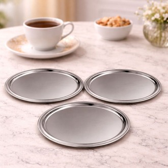 6'lı Gümüş Renk Dekoratif Paslanmaz Yuvarlak Model Servis Tepsisi 23 cm
