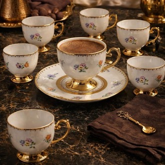 Mien Mona 6 Kişilik Porselen Kahve Fincan Takımı – Gold Detaylı Fincan Takımı