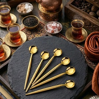6'lı Paslanmaz Titanyum Yuvarlak Gold Çay Kaşığı - 6'lı Gold Çay Kaşık Seti