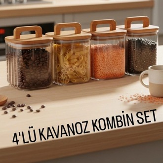 Mien 4’lü Kare Cam Saklama Kavanoz Seti –1100 ml Akasya Kapaklı, Kulplu Kavanoz Seti