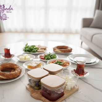 Mien 4’lü Cam Saklama Kabı Seti – 4'lü Kare Kahvaltılık Seti-Bambu Kapaklı Saklama Kabı